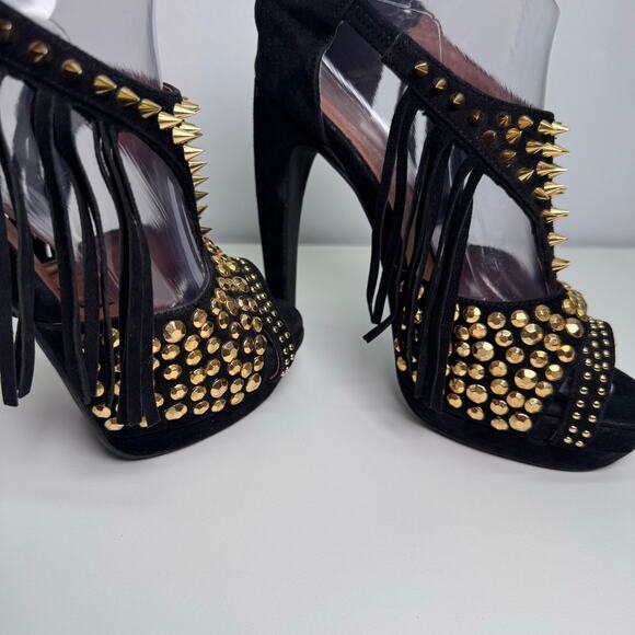 Jeffrey Campbell Black Suede Gold Studs High Heel Fringe EU37/US 6.5 Party Funky - Picture 3 of 8